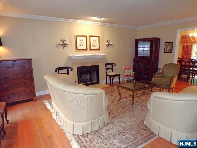20 Carriage Ln, Ridgewood, NJ 07450 - living room featuring ornamental molding, wood finished floors, a fireplace, and baseboards