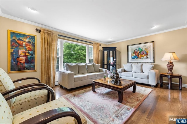 9 E Brook Dr, Paramus, NJ 07652 - living area with hardwood / wood-style flooring, crown molding, baseboards, and a baseboard radiator