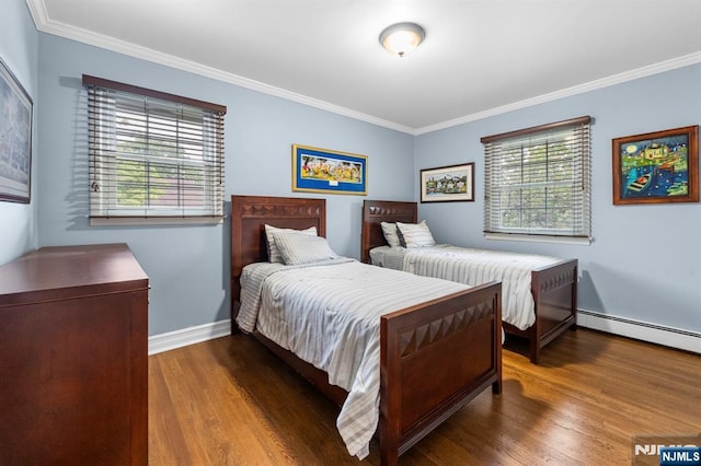 9 E Brook Dr, Paramus, NJ 07652 - bedroom with crown molding, wood finished floors, baseboards, and a baseboard radiator