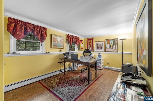 9 E Brook Dr, Paramus, NJ 07652 - office space featuring a baseboard radiator, wood finished floors, crown molding, and baseboards