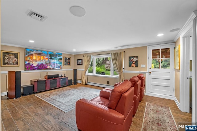 9 E Brook Dr, Paramus, NJ 07652 - living room with ornamental molding, wood finished floors, baseboard heating, baseboards, and recessed lighting
