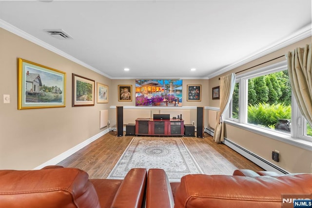 9 E Brook Dr, Paramus, NJ 07652 - living room with baseboard heating, wood finished floors, crown molding, baseboards, and recessed lighting
