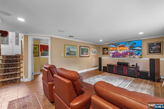 9 E Brook Dr, Paramus, NJ 07652 - living room with wood finished floors, ornamental molding, recessed lighting, baseboards, and stairway