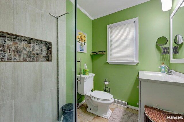 225 William St, River Vale, NJ 07675 - bathroom with a shower stall, vanity, baseboards, toilet, and crown molding