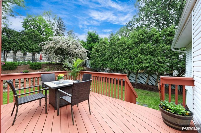 225 William St, River Vale, NJ 07675 - wooden deck featuring outdoor dining area and a fenced backyard