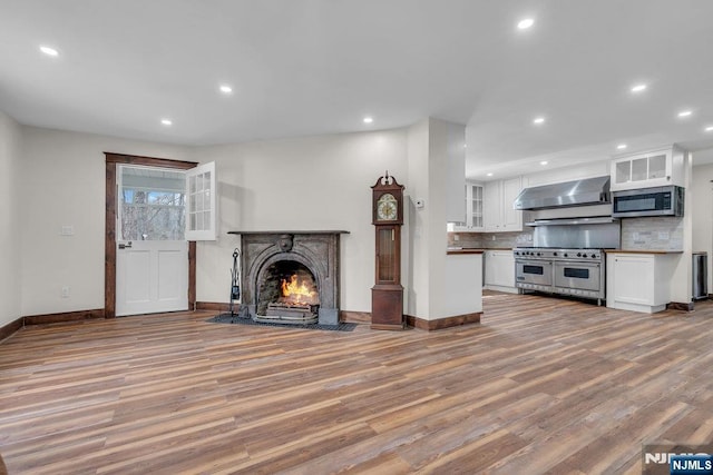 18 Edge Hill Rd, Blairstown, NJ 07825 - unfurnished living room featuring wood finished floors, baseboards, recessed lighting, and a warm lit fireplace
