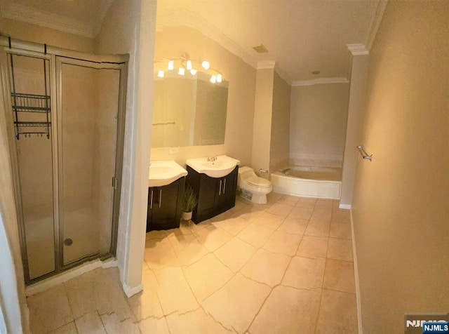 145 Riverwalk Way, Clifton, NJ 07014 - full bath with crown molding, vanity, a garden tub, a stall shower, and toilet