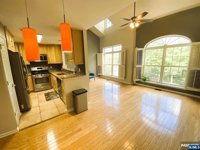 145 Riverwalk Way, Clifton, NJ 07014 - kitchen with stainless steel appliances, ceiling fan, light wood-type flooring, open floor plan, and a sink