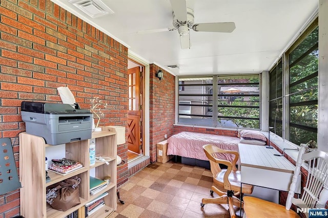 42 Cecilia Dr, Wayne, NJ 07470 - bedroom with brick wall, tile patterned floors, multiple windows, and a ceiling fan
