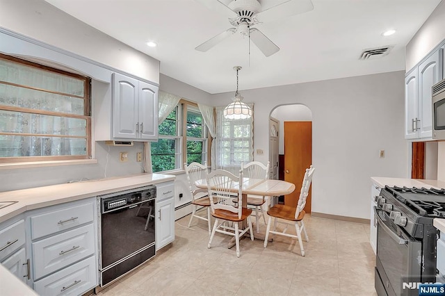 42 Cecilia Dr, Wayne, NJ 07470 - kitchen featuring black appliances, ceiling fan, light countertops, decorative light fixtures, and light tile patterned flooring