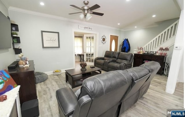 516 Beardsley Ave, Bloomfield, NJ 07003 - living area featuring stairs, ceiling fan, recessed lighting, light wood finished floors, and baseboards