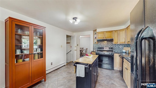 336 Ridgewood Blvd, Twp Of Washington, NJ 07676 - kitchen with black appliances, a baseboard radiator, under cabinet range hood, tasteful backsplash, and wood counters