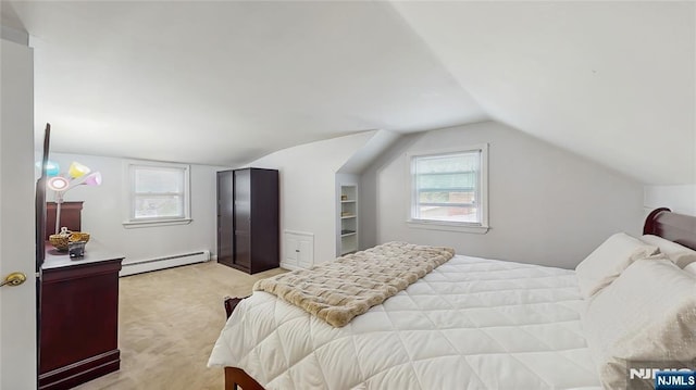 336 Ridgewood Blvd, Twp Of Washington, NJ 07676 - bedroom with baseboard heating, lofted ceiling, light colored carpet, and multiple windows