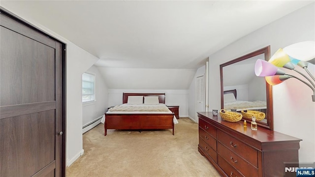 336 Ridgewood Blvd, Twp Of Washington, NJ 07676 - bedroom with a baseboard heating unit, light colored carpet, lofted ceiling, and baseboards