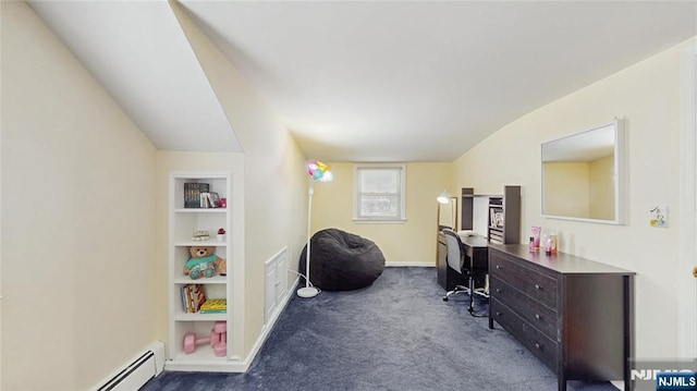 336 Ridgewood Blvd, Twp Of Washington, NJ 07676 - home office with dark colored carpet, vaulted ceiling, a baseboard heating unit, baseboards, and built in features