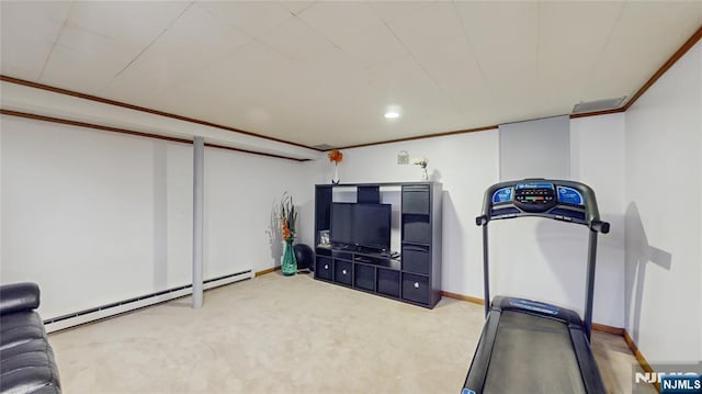 336 Ridgewood Blvd, Twp Of Washington, NJ 07676 - workout area with a baseboard radiator, carpet flooring, baseboards, and recessed lighting