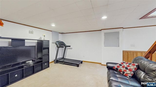 336 Ridgewood Blvd, Twp Of Washington, NJ 07676 - workout area with carpet, crown molding, recessed lighting, baseboards, and wooden walls