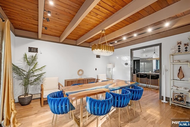 18 Lomas Ln, Montvale, NJ 07645 - dining space featuring wood finished floors, wooden ceiling with exposed beams, and a chandelier