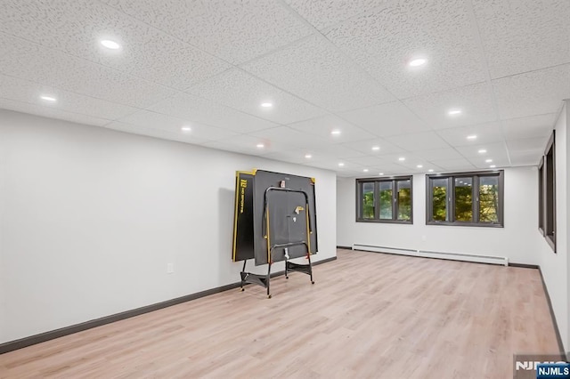 18 Lomas Ln, Montvale, NJ 07645 - workout room featuring baseboard heating, light wood-type flooring, recessed lighting, baseboards, and a drop ceiling