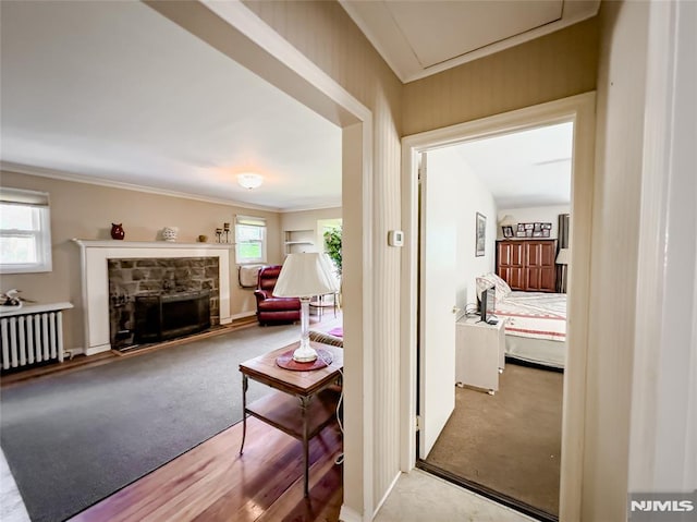51 Minnehaha Blvd, Par-Troy Hills Twp, NJ 07034 - hallway featuring radiator, carpet floors, and crown molding