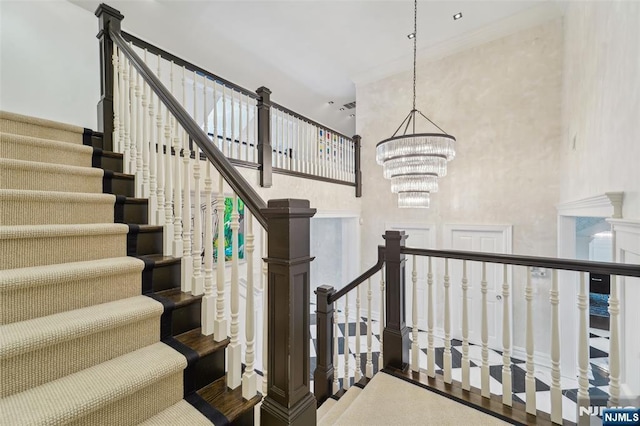 1021 Hillcrest Rd, Ridgewood, NJ 07450 - stairs featuring a chandelier and a towering ceiling