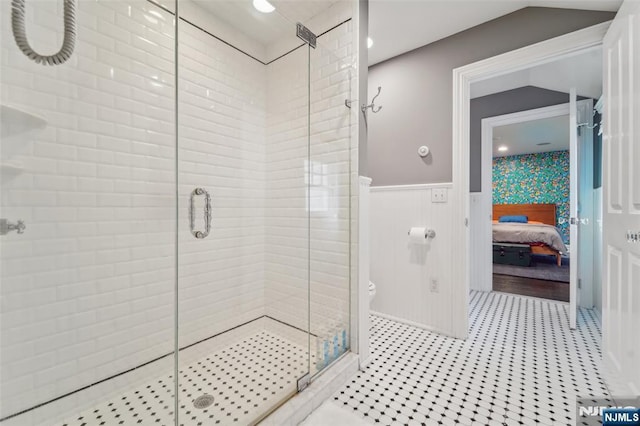 1021 Hillcrest Rd, Ridgewood, NJ 07450 - full bathroom with ensuite bath, a shower stall, a wainscoted wall, and toilet
