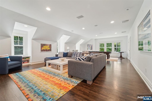 1021 Hillcrest Rd, Ridgewood, NJ 07450 - living room with dark wood-style flooring, recessed lighting, billiards table, and baseboards
