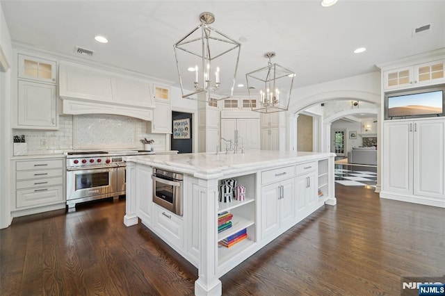 1021 Hillcrest Rd, Ridgewood, NJ 07450 - kitchen with appliances with stainless steel finishes, open shelves, white cabinets, dark wood-style flooring, and recessed lighting