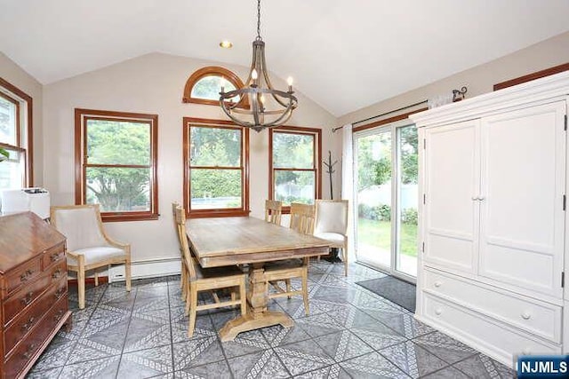 2 Hartland Ave, Emerson, NJ 07630 - dining area with a chandelier, lofted ceiling, a baseboard radiator, healthy amount of natural light, and light tile patterned floors