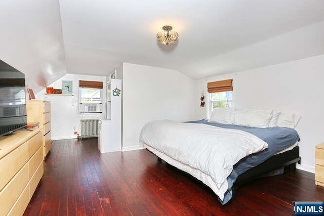 2 Hartland Ave, Emerson, NJ 07630 - bedroom with radiator heating unit, vaulted ceiling, dark wood-type flooring, and multiple windows