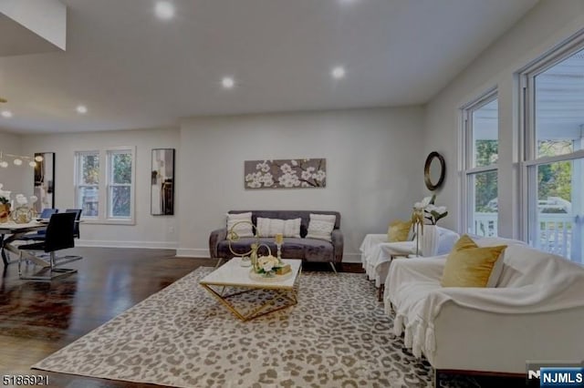46 Rutgers Pl, Passaic, NJ 07055 - living room featuring dark wood-style flooring, baseboards, and recessed lighting