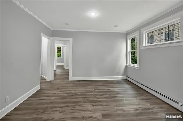 27 Berkeley Pl, Bloomfield, NJ 07003 - unfurnished room with crown molding, baseboards, baseboard heating, dark wood-style flooring, and recessed lighting