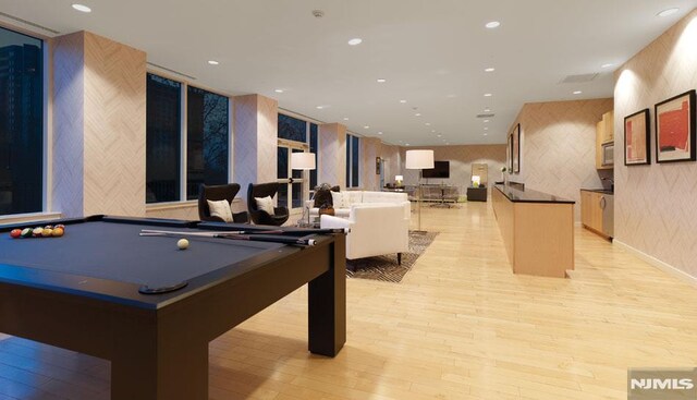 800 12th St Unit 207, Palisades Park, NJ 07650 - playroom with light wood finished floors, wallpapered walls, billiards, and recessed lighting