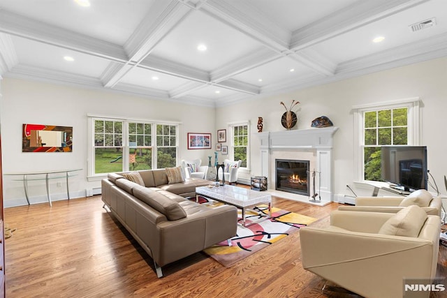 6 Lauren Pond Ct, Demarest, NJ 07627 - living area with a glass covered fireplace, wood finished floors, plenty of natural light, a baseboard radiator, and beam ceiling
