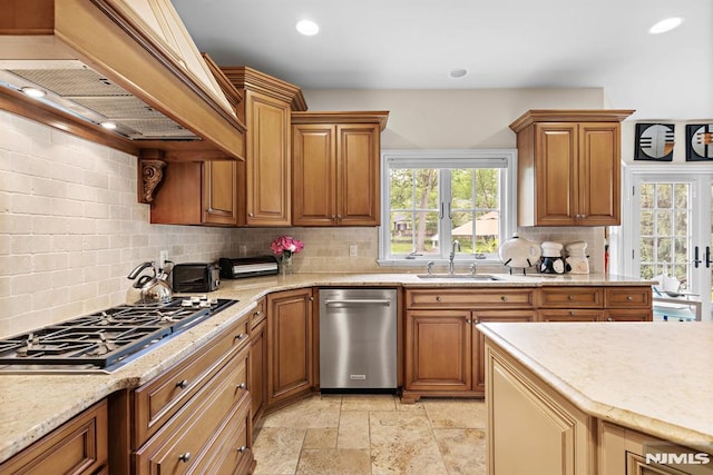 6 Lauren Pond Ct, Demarest, NJ 07627 - kitchen with a sink, premium range hood, appliances with stainless steel finishes, backsplash, and stone tile flooring