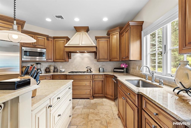 6 Lauren Pond Ct, Demarest, NJ 07627 - kitchen featuring a sink, stainless steel appliances, brown cabinetry, decorative backsplash, and recessed lighting
