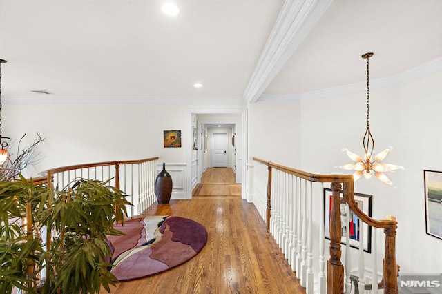 6 Lauren Pond Ct, Demarest, NJ 07627 - hallway with a chandelier, crown molding, wood finished floors, an upstairs landing, and recessed lighting