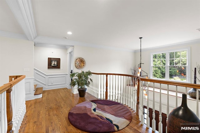 6 Lauren Pond Ct, Demarest, NJ 07627 - hallway featuring wood finished floors, ornamental molding, an upstairs landing, recessed lighting, and a wainscoted wall