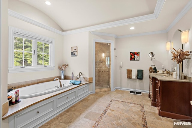 6 Lauren Pond Ct, Demarest, NJ 07627 - bathroom featuring vanity, a bath, a shower stall, recessed lighting, and lofted ceiling