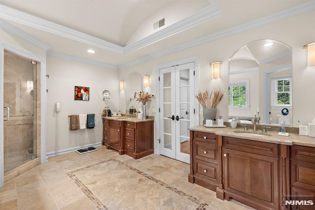 6 Lauren Pond Ct, Demarest, NJ 07627 - bathroom with french doors, vanity, a shower stall, lofted ceiling, and baseboards