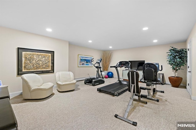 6 Lauren Pond Ct, Demarest, NJ 07627 - exercise area featuring carpet flooring, a baseboard heating unit, recessed lighting, and baseboards