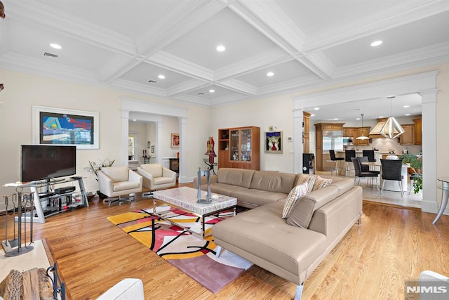 6 Lauren Pond Ct, Demarest, NJ 07627 - living room with decorative columns, ornamental molding, light wood finished floors, beam ceiling, and coffered ceiling