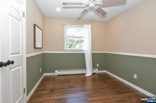 126 Darrow Dr, North Haledon, NJ 07508 - unfurnished room with a baseboard radiator, wood finished floors, a ceiling fan, baseboards, and recessed lighting