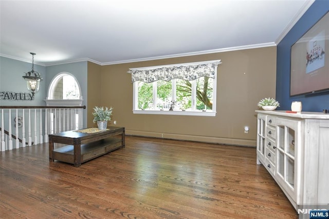 126 Darrow Dr, North Haledon, NJ 07508 - living area featuring wood finished floors, ornamental molding, a chandelier, and a baseboard radiator