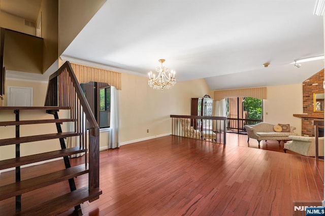 506 Teal Plz, Secaucus, NJ 07094 - living room featuring a chandelier, dark wood-type flooring, baseboards, and stairs