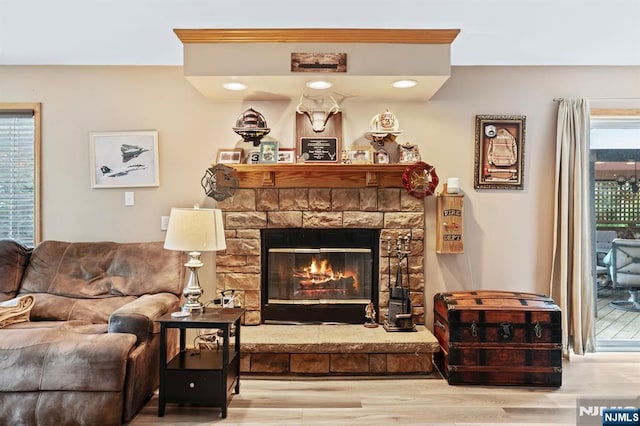 41 Sycamore Ave, Hillsdale, NJ 07642 - living room featuring a stone fireplace, wood finished floors, and recessed lighting