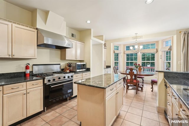 45 Dykers Farm Rd, North Haledon, NJ 07508 - kitchen with stainless steel appliances, exhaust hood, a chandelier, light tile patterned flooring, and recessed lighting