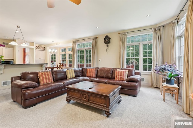 45 Dykers Farm Rd, North Haledon, NJ 07508 - living room with carpet, a chandelier, ceiling fan, and recessed lighting