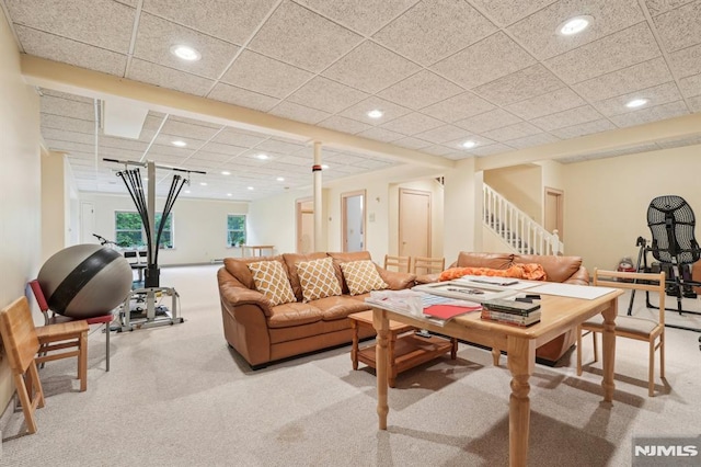 45 Dykers Farm Rd, North Haledon, NJ 07508 - living area featuring light carpet, stairs, recessed lighting, and a drop ceiling