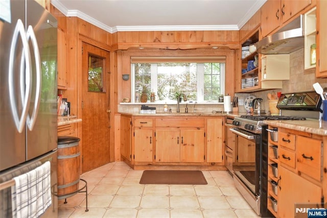 76 Spring Valley Rd, Montvale, NJ 07645 - kitchen with stainless steel appliances, crown molding, light flooring, under cabinet range hood, and backsplash